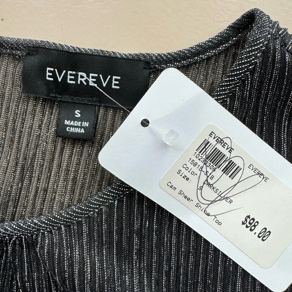 NWT Evereve Cam Sheer Shine Top in Dark Silver Shimmer Bell Sleeve Size Small
